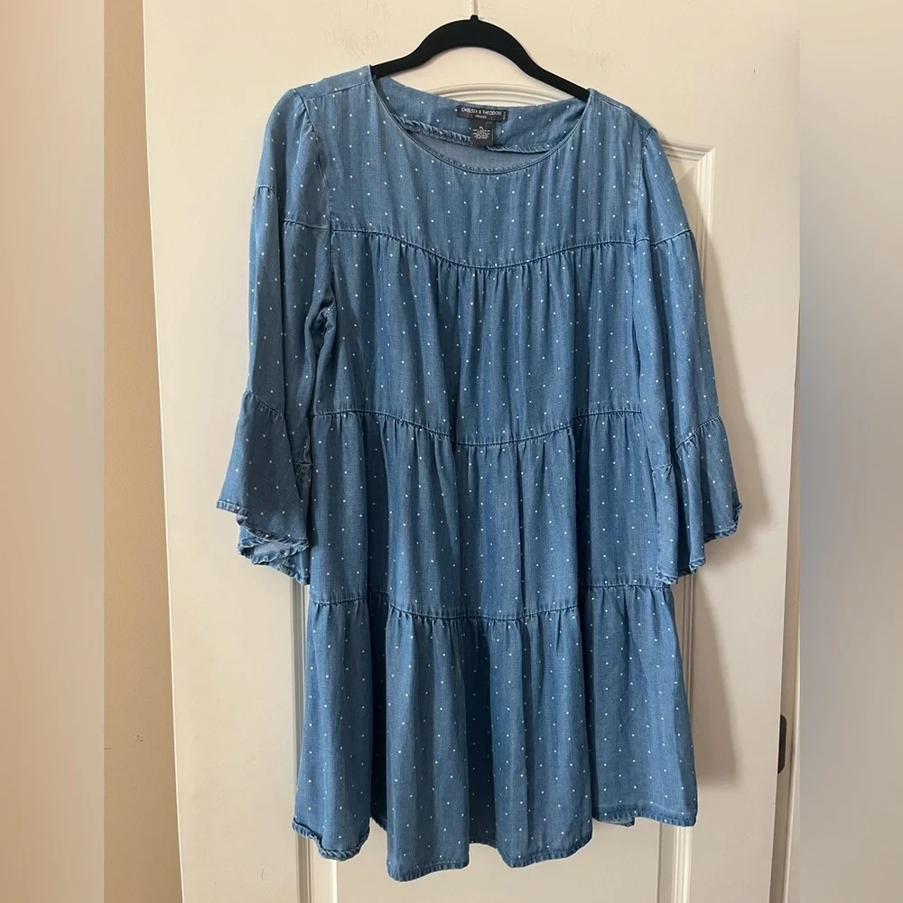Chelsea & Theodore Blue Polka Dot Women's Mini Dress Size Petite Large - Picture 9 of 14